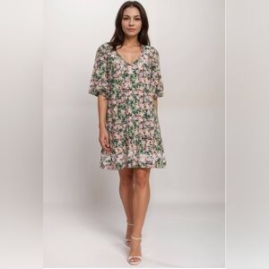 Johnny Was Rebekah Poplin Mini Dress Floral Boho V-Neck Lace Hem NWT Size L